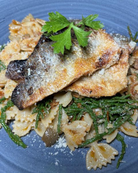 Pan seared sea bream with red pesto farfalle, samphire & olives topped with parmesan 